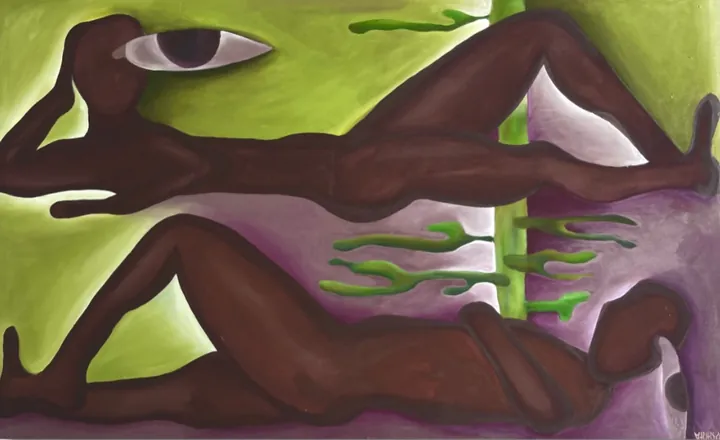 Pintura horizontal: dois corpos alongados deitados, um sobre o outro, num fundo verde-limão e lilás; acima, um olho aberto observa.