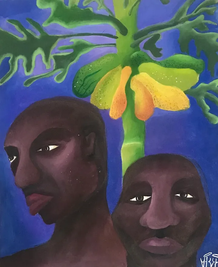 Pintura: dois rostos de homens negros em primeiro plano, de olhar firme, sob um pé de mamão carregado de frutos amarelos num céu azul.