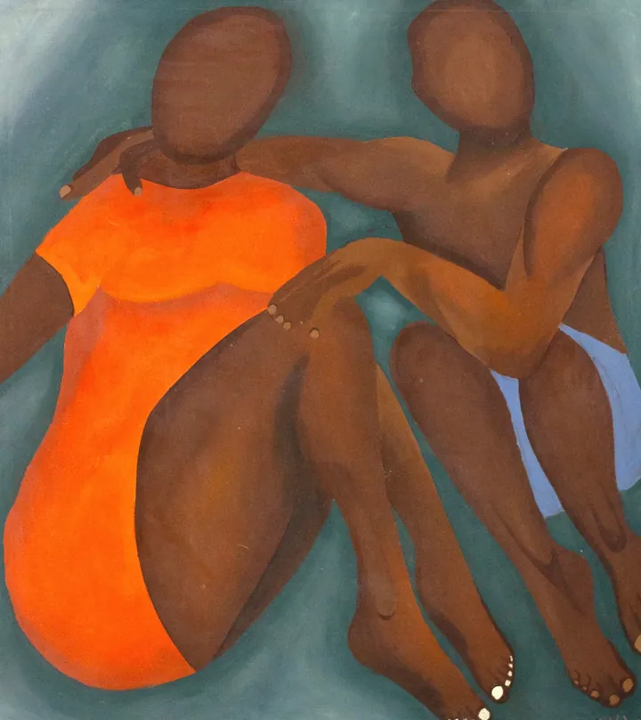 Pintura: duas figuras de pele marrom, sem rosto, sentadas abraçadas sobre fundo verde-água; uma veste maiô laranja e apoia a mão no joelho da outra.